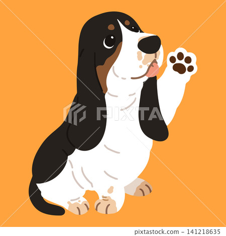 A simple and cute illustration of a tricolor Basset Hound waving its hand (no outline). 141218635