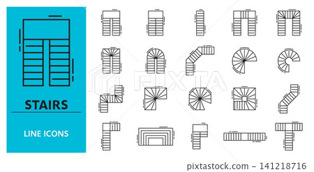 Top view stair icons including straight, L shaped, U shaped, spiral, curved, winding and T shaped staircase layouts. Monochrome outline floor plan staircase icons for architectural software Top view stair icons including straight, L shaped, U shaped, spiral, curved, winding and T shaped staircase layouts. Monochrome outline floor plan staircase icons for architectural software 141218716