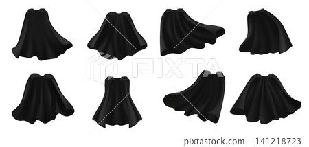 Halloween and secret hero black cape, Dracula isolated mantle cloth. Dramatic black cape flowing with elegant curves. Fabric vector folds suggest movement and power for Halloween costume design Halloween and secret hero black cape, Dracula isolated mantle cloth. Dramatic black cape flowing with elegant curves. Fabric vector folds suggest movement and power for Halloween costume design 141218723