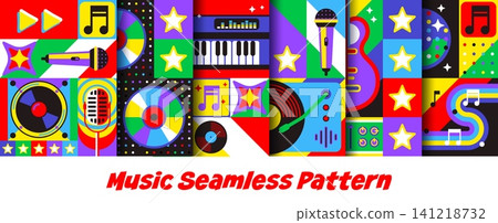 Musical seamless patterns with geometric mosaic ornament. Music tile backgrounds with microphones, vinyl records, CDs and guitars, piano keys, speakers and musical notes for upbeat retro pop rhythm Musical seamless patterns with geometric mosaic ornament. Music tile backgrounds with microphones, vinyl records, CDs and guitars, piano keys, speakers and musical notes for upbeat retro pop rhythm 141218732