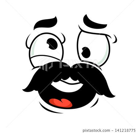 Cartoon goofy face emoji with black mustache and crossed goggle eyes. Playful comic retro male character expression conveying silly, happy and surprised emotion for fun communication and chat messages Cartoon goofy face emoji with black mustache and crossed goggle eyes. Playful comic retro male character expression conveying silly, happy and surprised emotion for fun communication and chat messages 141218775