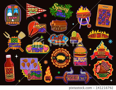 Retro y2k barbeque meat stickers, vintage bbq patch labels featuring food icons, grilling tools, flames, and catchy slogans. Vector badges emphasize BBQ culture, meat varieties, and cooking excitement 141218792