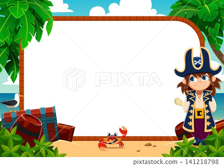 Cartoon funny kid pirate and crab corsair with rope frame and treasure chest on tropical island. Cute boy or girl pirate character in captain sailor tricorn hat at Caribbean sea island with palm trees Cartoon funny kid pirate and crab corsair with rope frame and treasure chest on tropical island. Cute boy or girl pirate character in captain sailor tricorn hat at Caribbean sea island with palm trees 141218798