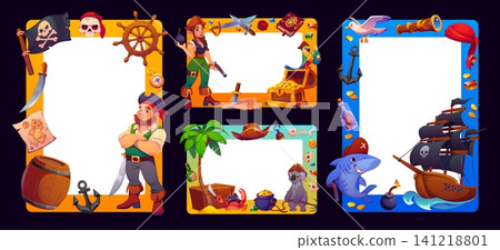 Kid photo frames with pirates and corsairs, piracy icons and weapons borders. Cartoon pirate captain, sail ship, black flag, treasure map and chest, anchor, compass and cute parrot kids photo frames Kid photo frames with pirates and corsairs, piracy icons and weapons borders. Cartoon pirate captain, sail ship, black flag, treasure map and chest, anchor, compass and cute parrot kids photo frames 141218801