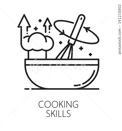 Cooking life skills line icon or emblem. People cooking ability outline vector symbol, human quality lineart sign. Personal life skills and hobby icon with whisk, cooking bowl and chef toque hat 141218802