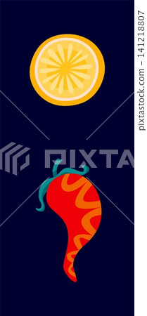 Mexican cartoon national font punctuation semicolon. Mexican folk alphabet type special symbol, Mexico ethnic typeset vector element. Latin American culture font sign with chili pepper and lemon slice Mexican cartoon national font punctuation semicolon. Mexican folk alphabet type special symbol, Mexico ethnic typeset vector element. Latin American culture font sign with chili pepper and lemon slice 141218807