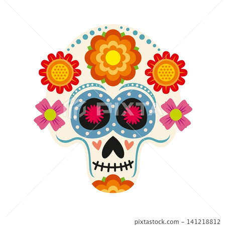 Mexican calavera sugar skull decorated with orange marigold flowers, pink blossoms hearts and colorful ornamental dots. Traditional Dia de los Muertos icon for Day of the Dead festival invitations Mexican calavera sugar skull decorated with orange marigold flowers, pink blossoms hearts and colorful ornamental dots. Traditional Dia de los Muertos icon for Day of the Dead festival invitations 141218812