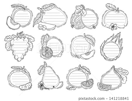 Tropical fruits for kids memo note frames or message sticker labels, vector outline templates. Kids memo notes for to do list planner or message sticky post with mango, apple or orange and lemon fruit Tropical fruits for kids memo note frames or message sticker labels, vector outline templates. Kids memo notes for to do list planner or message sticky post with mango, apple or orange and lemon fruit 141218841
