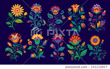 Mexican folk flowers and plants, Mexico floral pattern and ethnic embroidery ornaments vector elements. Cartoon bright color flowers and leaves with traditional otomi and talavera folk art patterns 141218957