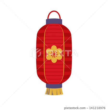 Cartoon Japanese New Year red paper lantern with golden flower and tassel. Traditional hanging Asian festival lamp decoration. Symbol of holiday celebration, prosperity or cultural heritage in Japan Cartoon Japanese New Year red paper lantern with golden flower and tassel. Traditional hanging Asian festival lamp decoration. Symbol of holiday celebration, prosperity or cultural heritage in Japan 141218976