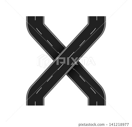 Road font letter X formed by intersecting asphalt highways. English abc character with lane markings, asphalt path way typeface, route alphabet for transportation, urban maps display and car driving 141218977