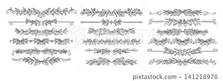 Olive decorative dividers, border frames and separators set. Olive tree branches with leaves and fruits, plant vines with flowers for ornate text dividers and frame border lines, nature decorations Olive decorative dividers, border frames and separators set. Olive tree branches with leaves and fruits, plant vines with flowers for ornate text dividers and frame border lines, nature decorations 141218978