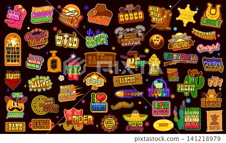 Retro Western y2k groovy stickers, Wild West cowboy patch labels, funky smile and desert cactus vector emoji. Vintage groovy Western cowboy hats, boots and gun, Wild West sheriff star, skull stickers Retro Western y2k groovy stickers, Wild West cowboy patch labels, funky smile and desert cactus vector emoji. Vintage groovy Western cowboy hats, boots and gun, Wild West sheriff star, skull stickers 141218979
