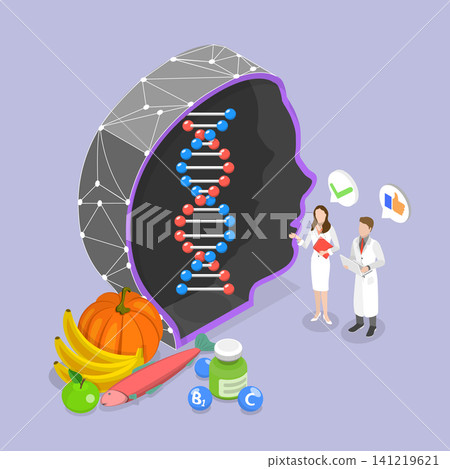 3D Isometric Flat Vector Illustration of Biohacking, Body Enhancement Program Based On Miniature Human Concept. 3D Isometric Flat Vector Illustration of Biohacking, Body Enhancement Program Based On Miniature Human Concept. 141219621