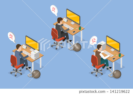 3D Isometric Flat Vector Illustration of Labor Exploitation, Businessmen Chained To Computers In Iron Balls 3D Isometric Flat Vector Illustration of Labor Exploitation, Businessmen Chained To Computers In Iron Balls 141219622