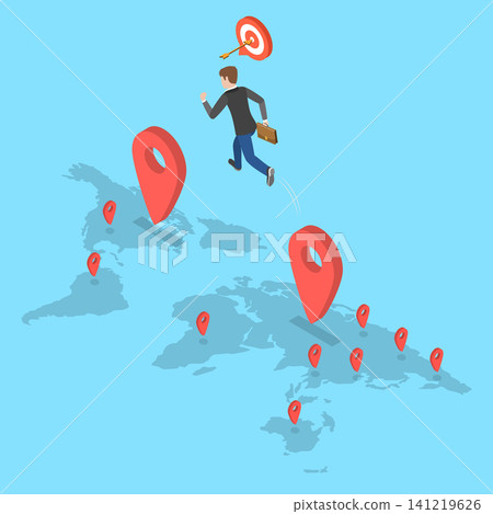 3D Isometric Flat Vector Illustration of Business Moving, Entrepreneur Leaping Between Map Pins Symbolizing Relocation And Innovation In Business Strategy. 3D Isometric Flat Vector Illustration of Business Moving, Entrepreneur Leaping Between Map Pins Symbolizing Relocation And Innovation In Business Strategy. 141219626
