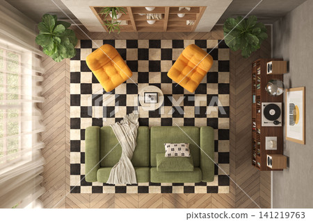 Mid century style conceptual dopamine interior room top view Mid century style conceptual dopamine interior room top view 141219763