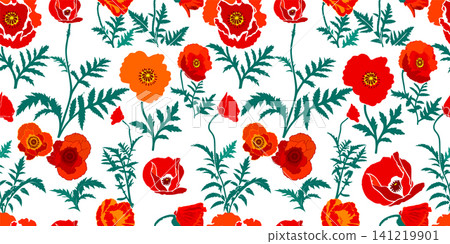 Red poppy seamless pattern . Hand drawn. Not AI, vector illustration. Red poppy seamless pattern . Hand drawn. Not AI, vector illustration. 141219901