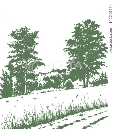 park with trees silhouette. Hand drawn. Not AI, vector illustration. park with trees silhouette. Hand drawn. Not AI, vector illustration. 141219904