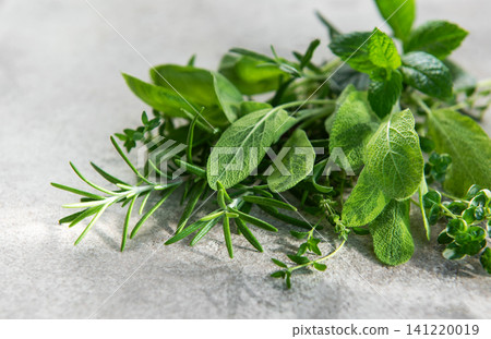 Fresh culinary herbs creating healthy cooking and seasoning concept Fresh culinary herbs creating healthy cooking and seasoning concept 141220019