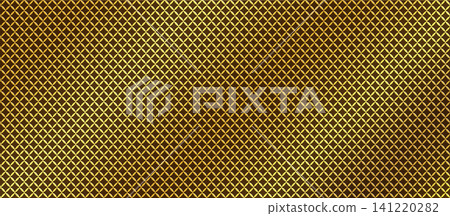 Realistic perforated metal panel with diamond shaped openings and elegant golden details. Brushed steel mesh texture featuring a geometric industrial pattern isolated on white background. 141220282