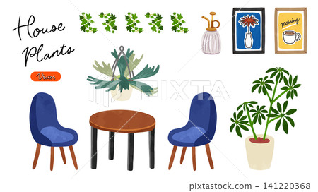 Interior set of round table, chairs, and houseplants - watercolor-style hand-drawn vector illustration Interior set of round table, chairs, and houseplants - watercolor-style hand-drawn vector illustration 141220368