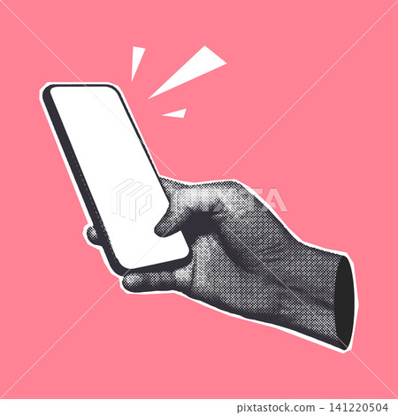 Halftone Hand Holding Smartphone Pink Background Illustration Halftone Hand Holding Smartphone Pink Background Illustration 141220504