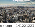 從空中俯瞰沿河而建的現代化城市建築和街景。 141221223