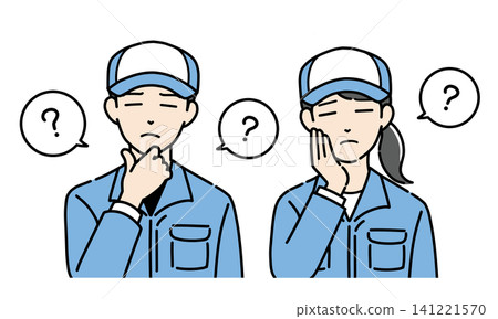 A set of illustrations of a young man and woman wearing hats and work clothes, looking troubled. A set of illustrations of a young man and woman wearing hats and work clothes, looking troubled. 141221570