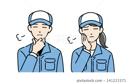 A set of illustrations of a young man and woman in hats and work clothes sighing. A set of illustrations of a young man and woman in hats and work clothes sighing. 141221571