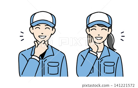 A set of illustrations of young men and women in white hats and work clothes, smiling and showing interest. A set of illustrations of young men and women in white hats and work clothes, smiling and showing interest. 141221572