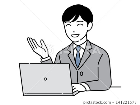 A monochrome illustration of a young man in a suit explaining something while looking at a computer screen. A monochrome illustration of a young man in a suit explaining something while looking at a computer screen. 141221575