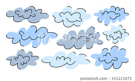 Hand drawn collection of vector clouds and bubbles, abstract shapes in blue shades. Water vapor, cotton wool, fluff and cloud. Rain clouds, cloudy weather, storm. Simple illustrations with outlines. Hand drawn collection of vector clouds and bubbles, abstract shapes in blue shades. Water vapor, cotton wool, fluff and cloud. Rain clouds, cloudy weather, storm. Simple illustrations with outlines. 141221672