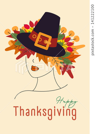 Stylized seasonal portrait of a faceless woman in pilgrim hat and colorful autumn leaves and berries, headdress and a handwritten Happy Thanksgiving. Good for greeting cards, posts or print materials Stylized seasonal portrait of a faceless woman in pilgrim hat and colorful autumn leaves and berries, headdress and a handwritten Happy Thanksgiving. Good for greeting cards, posts or print materials 141222100