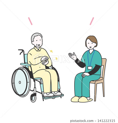 An illustration of a caregiver smiling and chatting with an elderly man in a wheelchair. 141222315