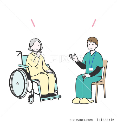 An illustration of an elderly woman in a wheelchair happily chatting with her care manager and caregiver. An illustration of an elderly woman in a wheelchair happily chatting with her care manager and caregiver. 141222316