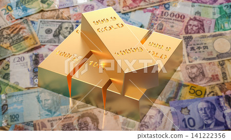 Global Currency And Gold Bullion Investment Wealth Concept 3d render. Global Currency And Gold Bullion Investment Wealth Concept 3d render. 141222356
