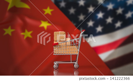 Shopping Cart Parcels Between China And America Trade Flags 3d render. Shopping Cart Parcels Between China And America Trade Flags 3d render. 141222366