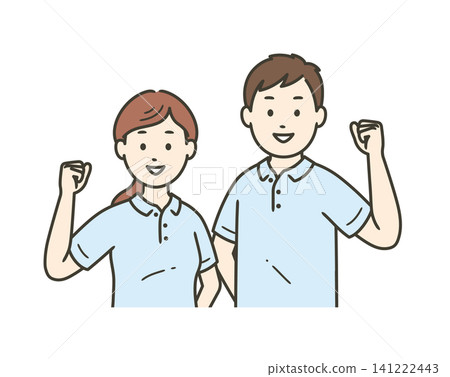 Upper body illustration of male and female caregivers doing a fist pump Upper body illustration of male and female caregivers doing a fist pump 141222443
