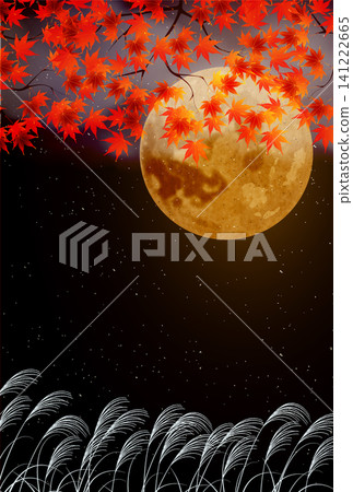 以秋葉、滿月和蒲葦草為特色的美麗日式背景。 以秋葉、滿月和蒲葦草為特色的美麗日式背景。 141222665