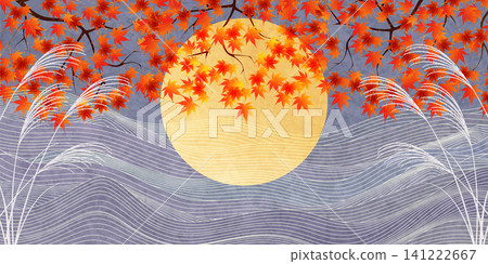 Japanese-style illustration of autumn leaves, the moon, and pampas grass. Japanese-style illustration of autumn leaves, the moon, and pampas grass. 141222667