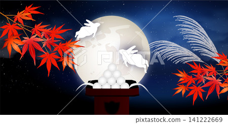 一幅美麗的夜景插圖，描繪了月亮、兔子和秋葉。 141222669