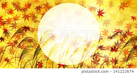 A golden autumn background with a full moon, autumn leaves, and pampas grass. A golden autumn background with a full moon, autumn leaves, and pampas grass. 141222674
