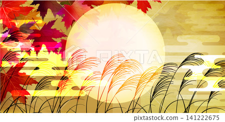 Autumn foliage, pampas grass, and a full moon in the background 141222675