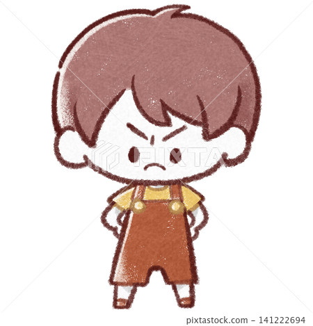 一個男孩面露怒容,雙手叉腰。 一個男孩面露怒容,雙手叉腰。 141222694