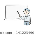 A cute, hand-drawn illustration of a businessman pointing to a whiteboard and explaining something. 141223490