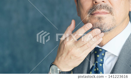 A middle-aged man stroking his beard. Men's, beard, fashion, care, hair removal, cosmetics, grooming, cut, trimming A middle-aged man stroking his beard. Men's, beard, fashion, care, hair removal, cosmetics, grooming, cut, trimming 141223616