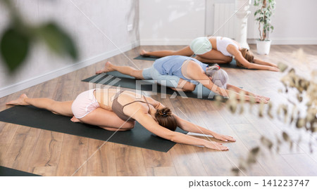 Young woman doing yoga in group in studio Young woman doing yoga in group in studio 141223747