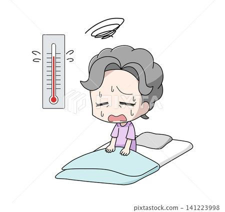 老婦人因天氣炎熱而無法入睡的插圖。 老婦人因天氣炎熱而無法入睡的插圖。 141223998