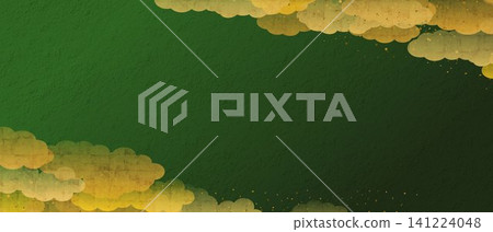 A Japanese-style green background illustration with golden clouds and washi paper texture. 141224048